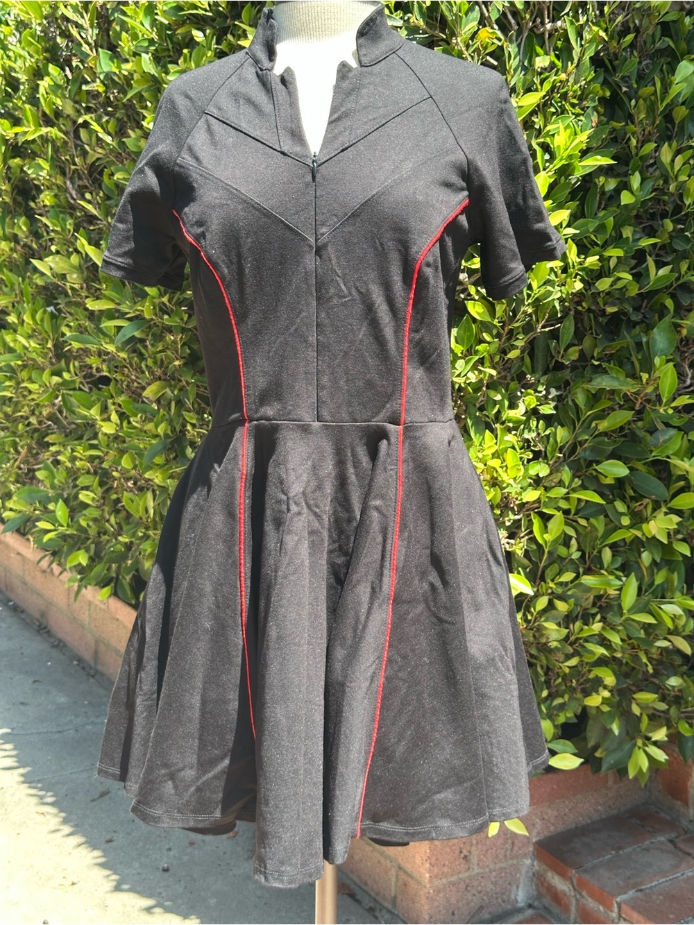 Black Fit-and-Flare Mini Dress with Red Piping